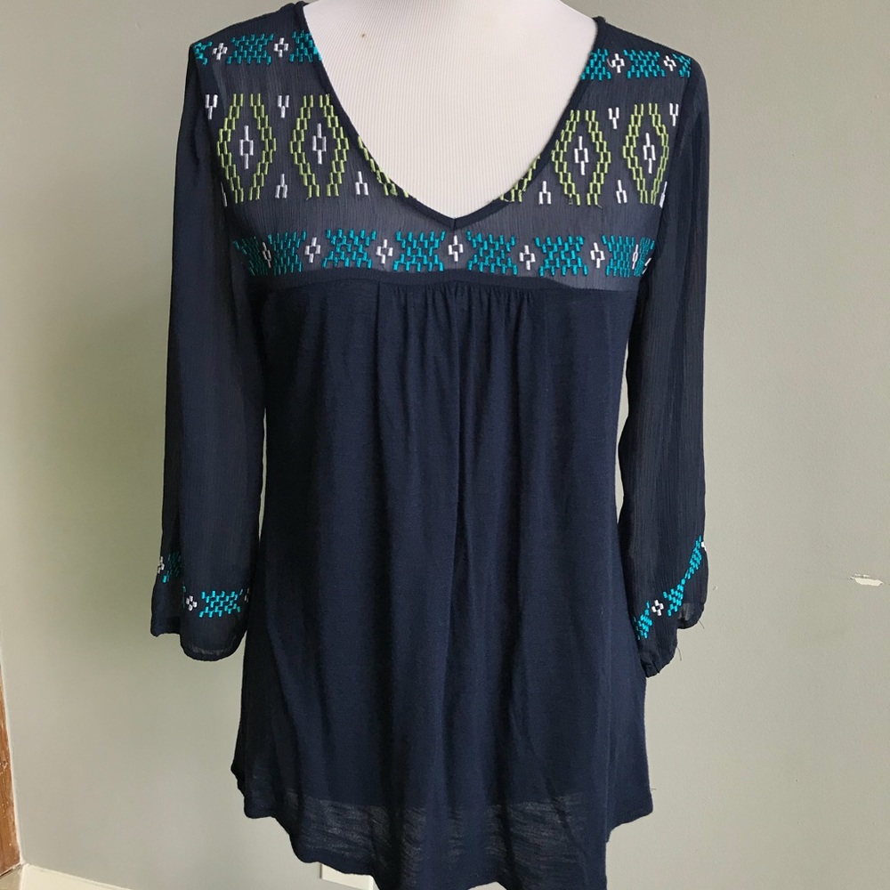 Lucky Brand Navy and Green Geo Blouse